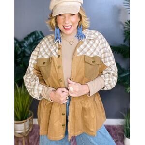 NWT Umgee Plaid Season Ready Latte Shacket Mixed Media Brown M